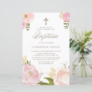 Baptism-inbjudan till Blommigt Peonies Rosa  Bapti