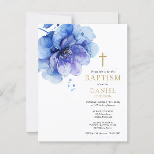 Baptism-inbjudan till Blommigten Dusty Blue Waterc Vykort