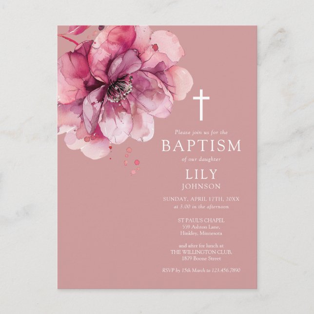 Baptism-inbjudan till Blommigten Dusty Ro Watercol Vykort (Framsida)