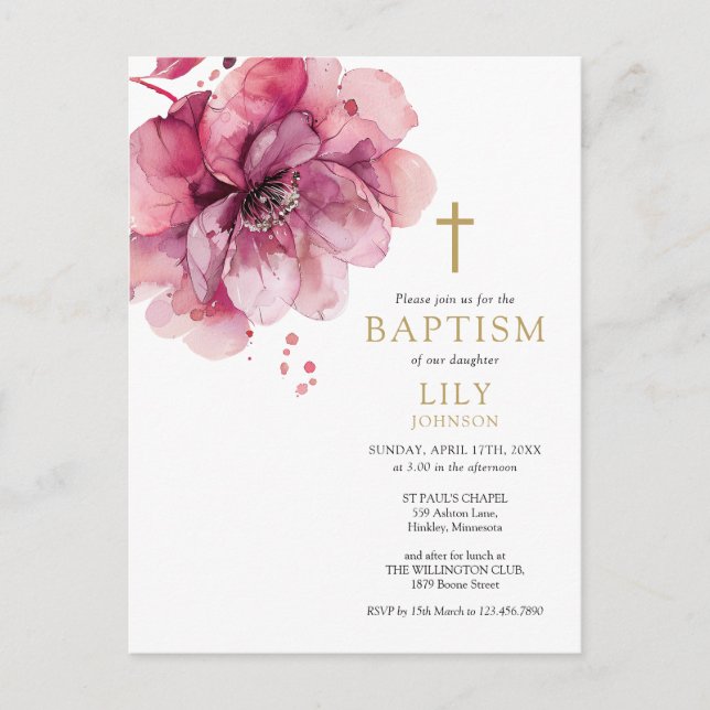 Baptism-inbjudan till Blommigten Dusty Ro Watercol Vykort (Framsida)