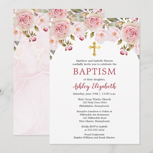 Baptism-inbjudan till Blommigten rosa ros Watercol Inbjudningar (Fram/baksida)
