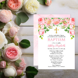 Baptism-inbjudan till Blommigten rosa ros Watercol Inbjudningar