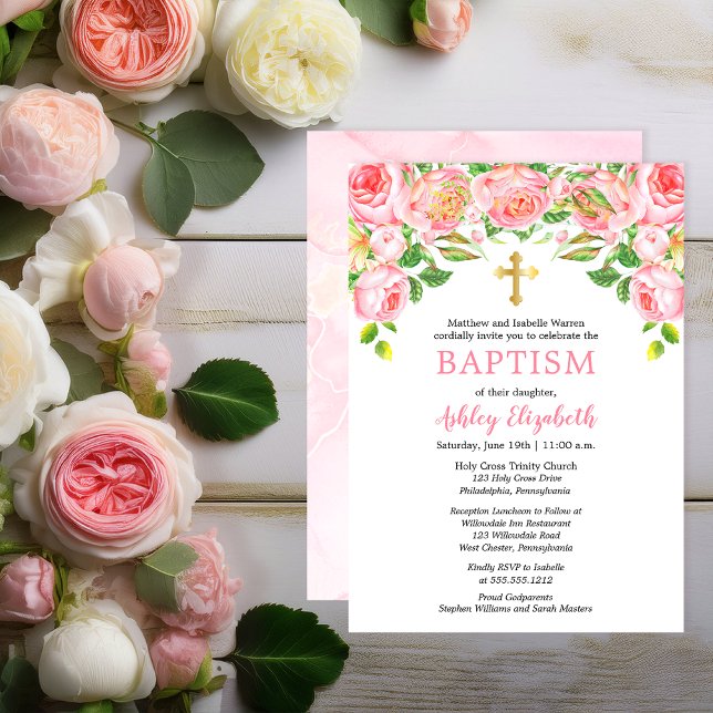 Baptism-inbjudan till Blommigten rosa ros Watercol Inbjudningar (Elegant Pink Roses Gold Tone Trinity Cross Watercolor Girl Baptism Invitation - Print | Digital )