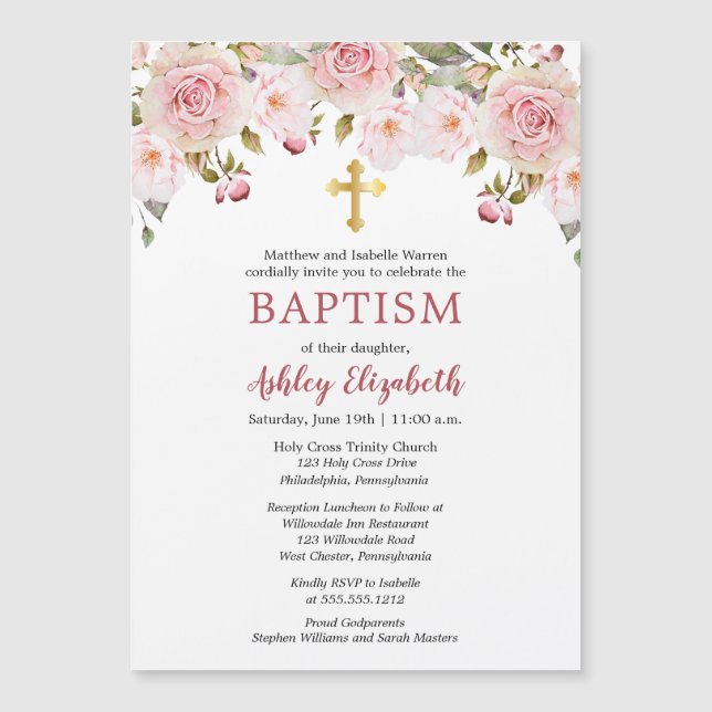 Baptism-inbjudan till Blommigten rosa ros Watercol Magnetisk Inbjudningskort (Framsida)