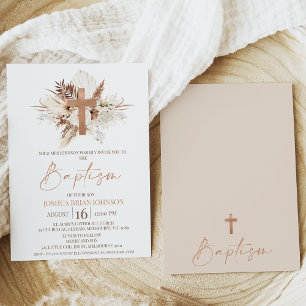 Baptism-inbjudan till Brown Beige Boho Blommigt Ba Inbjudningar