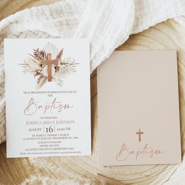 Baptism-inbjudan till Brown Beige Boho Blommigt Ba Inbjudningar (Modern bohemian floral gender neutral baptism invitation also featuring a modern calligraphy font.)