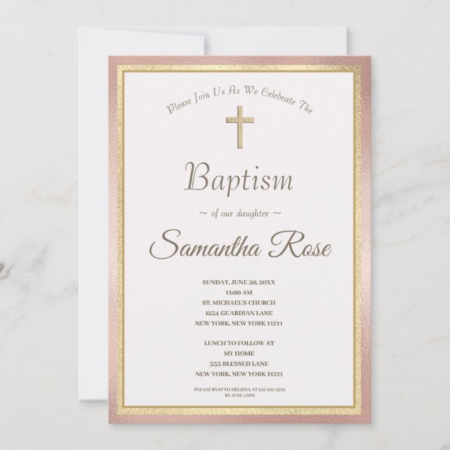 Baptism - inbjudan till elegant Rosa Guld Kor Flic (Framsida)