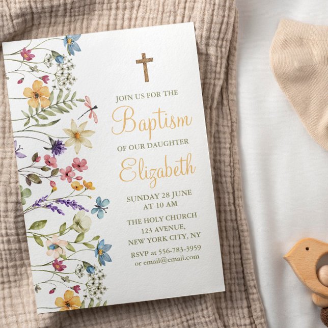 Baptism-inbjudan till flicka Cute Vild Flowers Inbjudningar (Baby Girl Cute Wild Flowers Baptism Invitation)