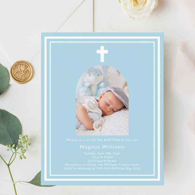Baptism - inbjudan till ljusblå fotobåge (Skapare uppladdad)