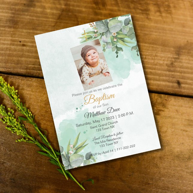 Baptism-inbjudan till Löv för naturlig Grönt Inbjudningar (Natural Green Leaves Baptism Invite)