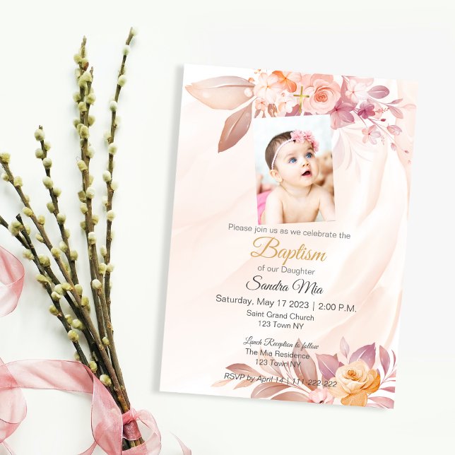 Baptism-inbjudan till orange Rosa Blommigt  Inbjudningar (Orange Pink Floral Baptism
Invite)