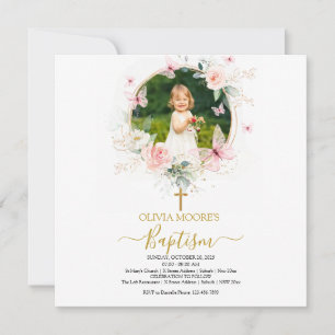 Baptism-inbjudan till rosa Blommigt Butterfly Bapt Inbjudningar