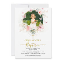 Baptism-inbjudan till rosa Blommigt Butterfly Bapt
