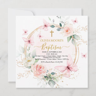 Baptism-inbjudan till rosa Blommigt Butterfly Bapt Inbjudningar