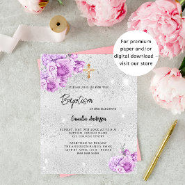 Baptism - inbjudan till silver rosa-blommor flygblad