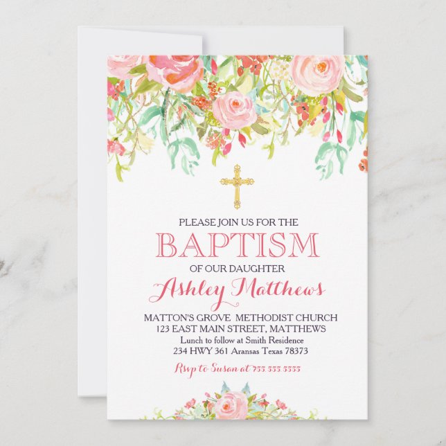 BAPTISM-inbjudan till vacker Rosa Blommigt Inbjudningar (Framsida)