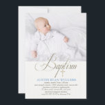 Baptism - inbjudan till vit foto<br><div class="desc">En vit baptisminbjudan som är perfekt för båda genderna. Lägg bara till ditt favoritfoto. För att betona genderna, ändra bara färg i namn till blått eller rosa. Kor kan dras till vilken plats som helst, göras större eller mindre eller elimineras. Kortet är enkelt att anpassa med text, teckensnitt, teckensnitt färg...</div>