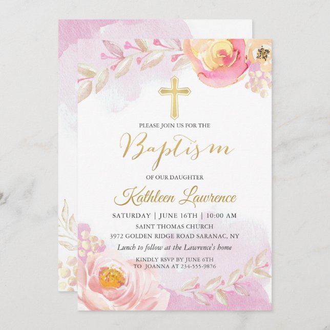 Baptism-inbjudan till Watercolor Rosa Blommigt Gir Inbjudningar (Fram/baksida)