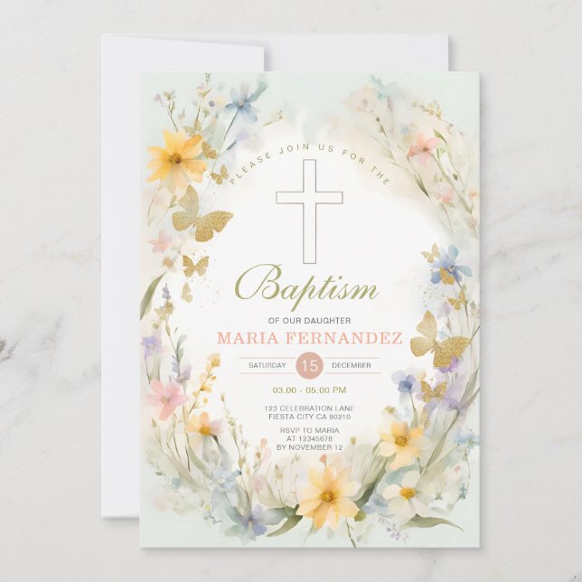 Baptism-inbjudan till Watercolor Wildbloms Blommig Inbjudningar (Framsida)