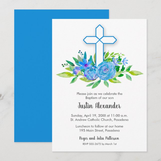 Baptism-inbjudningar till Blommigten Blue Kor (Fram/baksida)