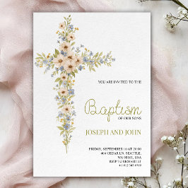 Baptism invitation card featuring a floral cross  inbjudningar