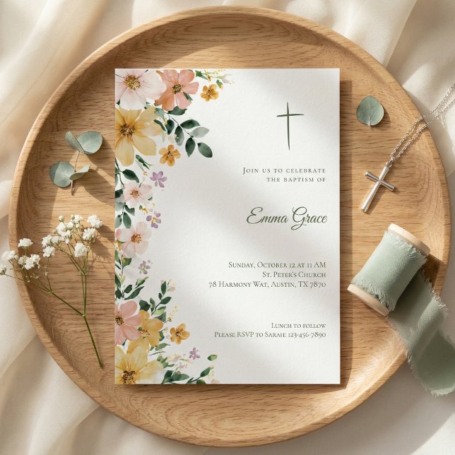 Baptism Invitation Floral Cross Watercolor (Skapare uppladdad)