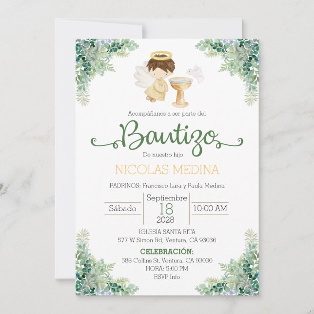 Baptism Invitation Spanish boy greenery  Inbjudningar (Framsida)