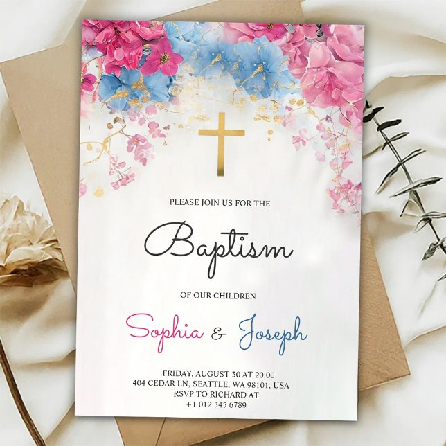  Baptism Invitation with blue floral a gold cross Inbjudningar (Skapare uppladdad)