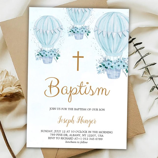 Baptism invitation with blue hot air balloon  inbjudningar (Skapare uppladdad)