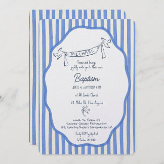 Baptism invitation with doves blue pinstripes inbjudningar