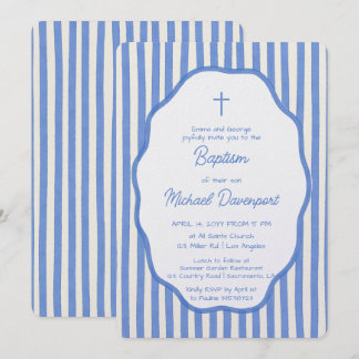 Baptism invitation with fancy blue pinstripes inbjudningar