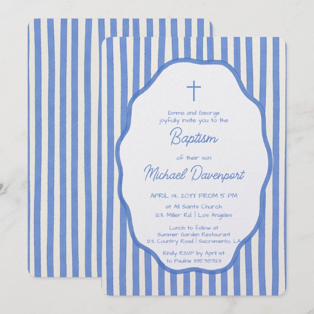 Baptism invitation with fancy blue pinstripes inbjudningar (Fram/baksida)