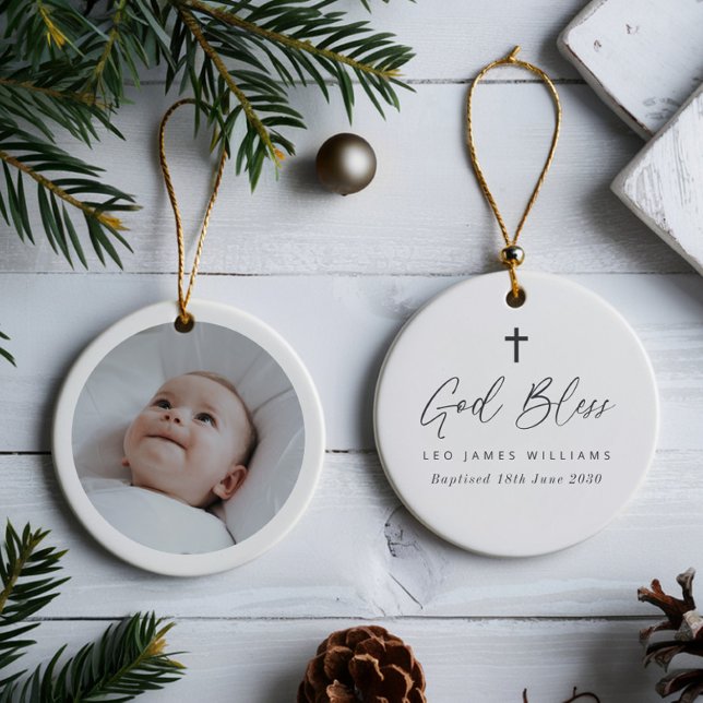 Baptism Keepsake Round Photo  Julgransprydnad Keramik (Zazzle Baptism Keepsake Round Photo  Ceramic Ornament)