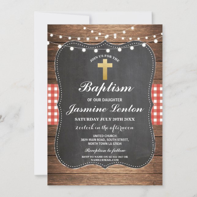 Baptism Kor Christing Red Check Gingham Chalk Inbjudningar (Framsida)
