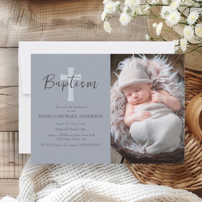 Baptism Kor-inbjudan till Blue Pojke Photo Baptism Inbjudningar (Dusty blue baby baptism photo invitation)