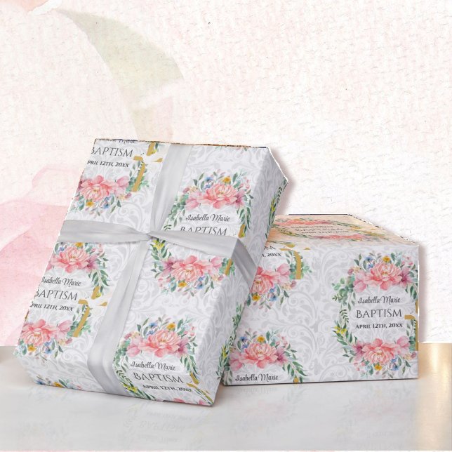 Baptism Lägg till Namn och datum Kor Dove Flowers Presentpapper (Skapare uppladdad)