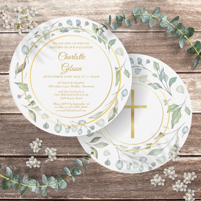 Baptism Laurel Garland Guld Kor cirkulär Inbjudningar (Baptism Laurel Garland Gold Cross Circular Invitation)