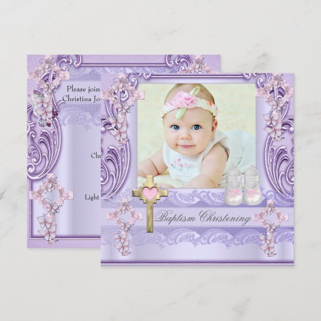 Baptism Lavender Rosa Kor Girl Girl Photo Christen Inbjudningar (Fram/baksida)