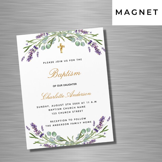 Baptism lavender violet blommigt eucalyptus lyxury magnetisk inbjudningskort (Skapare uppladdad)