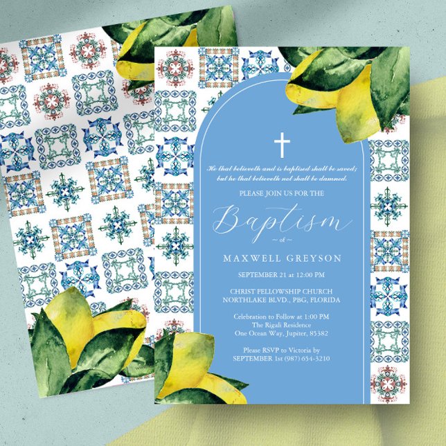Baptism Lemon Religiösa Italienska blå plattan Inbjudningar (Baptism invitation Italian blue Amalfi tile and yellow lemons art by Victoria Grigaliunas)