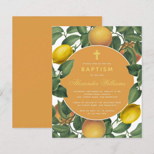 Baptism Lemons Oranges budget Botanisk inbjudan (Fram/baksida)