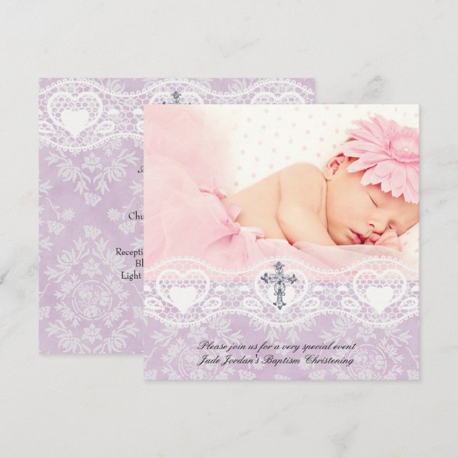 Baptism Lilac White Snöre Photo Jewel Kor Girl Inbjudningar (Fram/baksida)