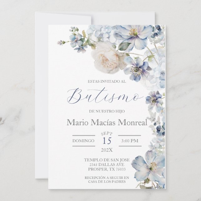 Baptism - ljusblå Blommigt - spanska inbjudan (Framsida)