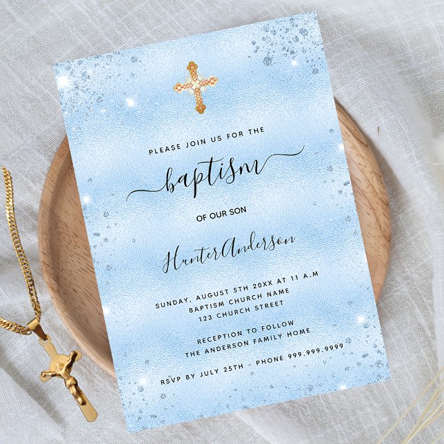 Baptism ljusblå pojke glitter inbjudningar (Skapare uppladdad)