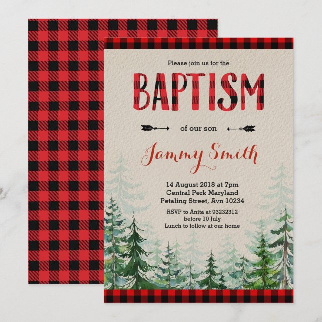 Baptism Lumberjack Red plaid-inbjudan Inbjudningar (Fram/baksida)