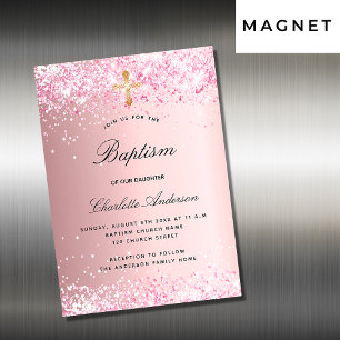 Baptism  lyx för glitter-flickan i rosa magnetisk inbjudningskort