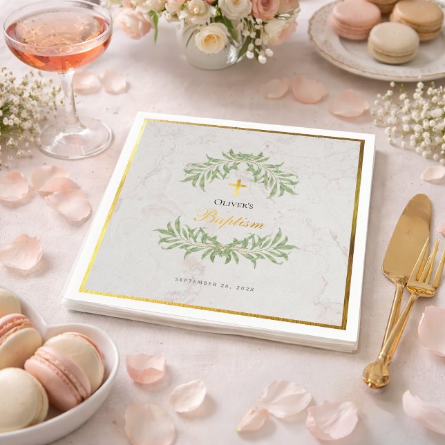 Baptism Marble Foliage Faux Gold Foil Calligraphy Pappersservett (Skapare uppladdad)