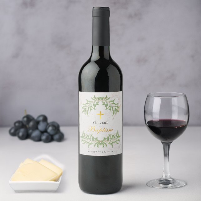 Baptism Marble Foliage Faux Gold Foil Script Vinflaska Etikett (Skapare uppladdad)