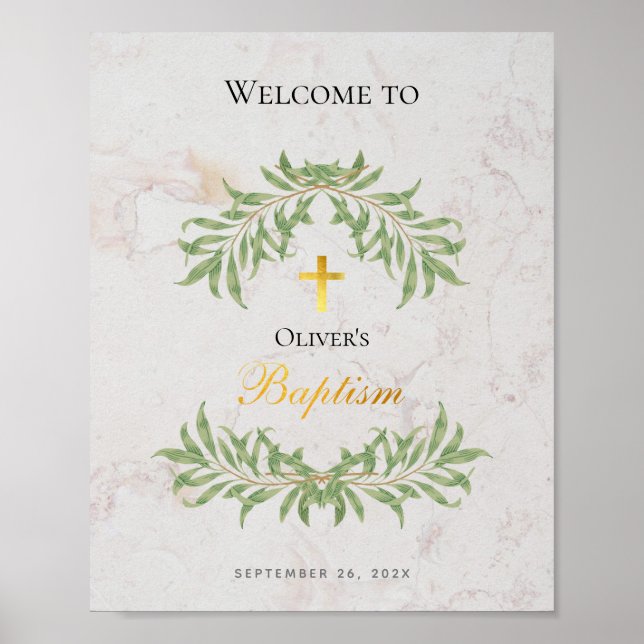 Baptism Marble Foliage Faux Gold Foil Välkomstskyl Poster (Framsidan)