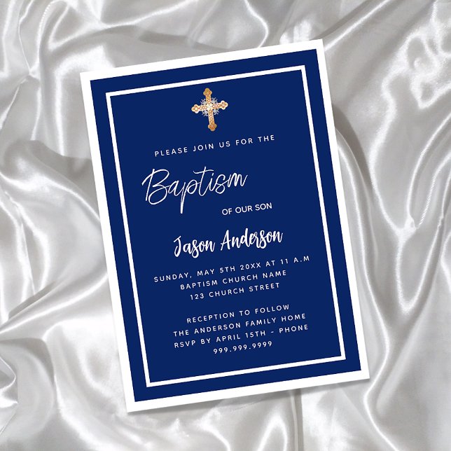 Baptism marinblå vit pojke guld kor inbjudan vykort (Skapare uppladdad)